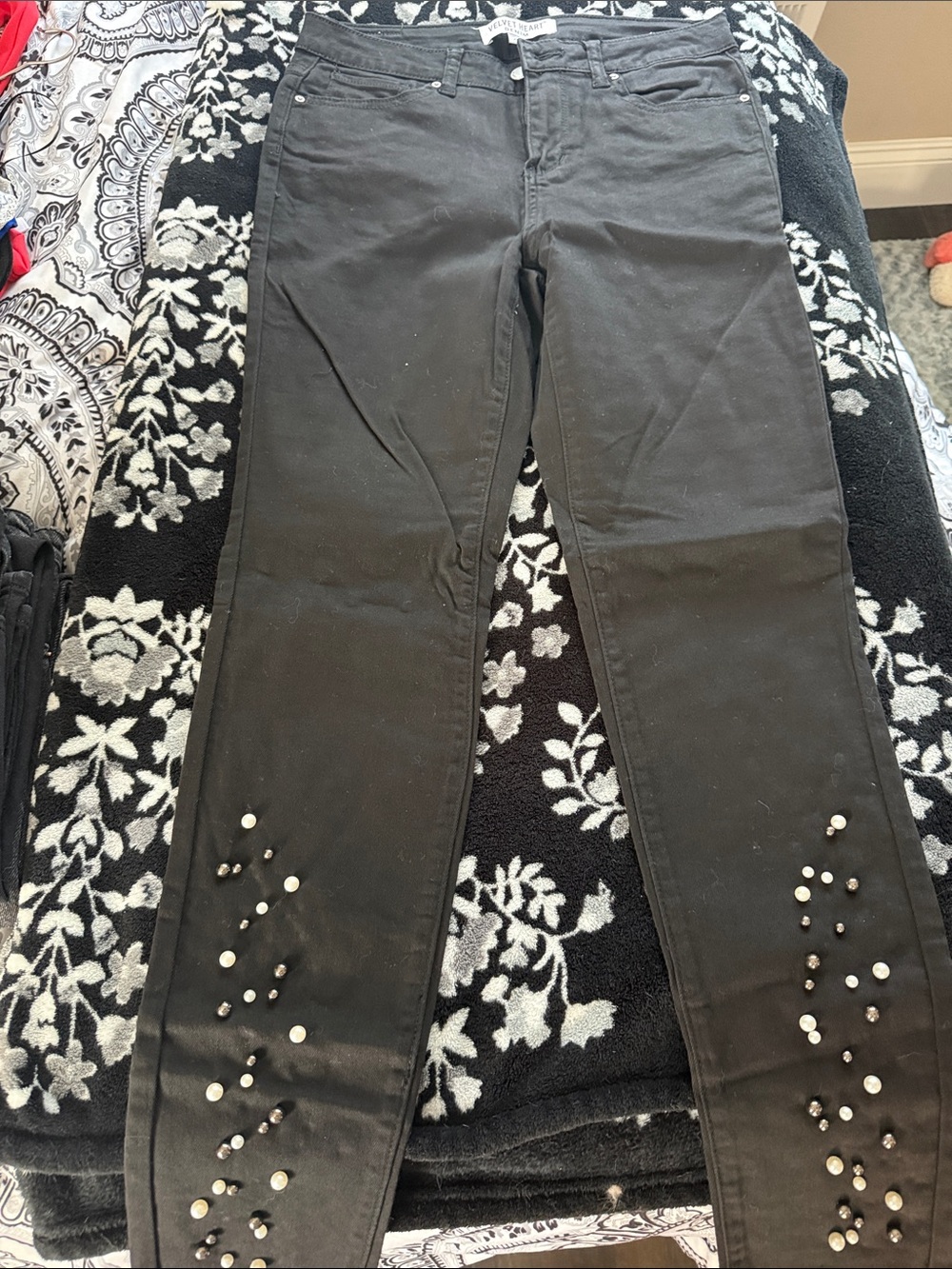 Velvet Heart Black Skinny Jeans with Pearl & Stud Accents